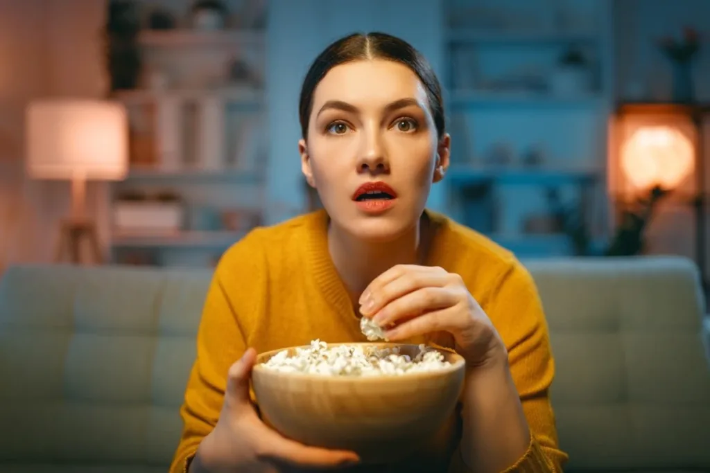 woman eating popcorn